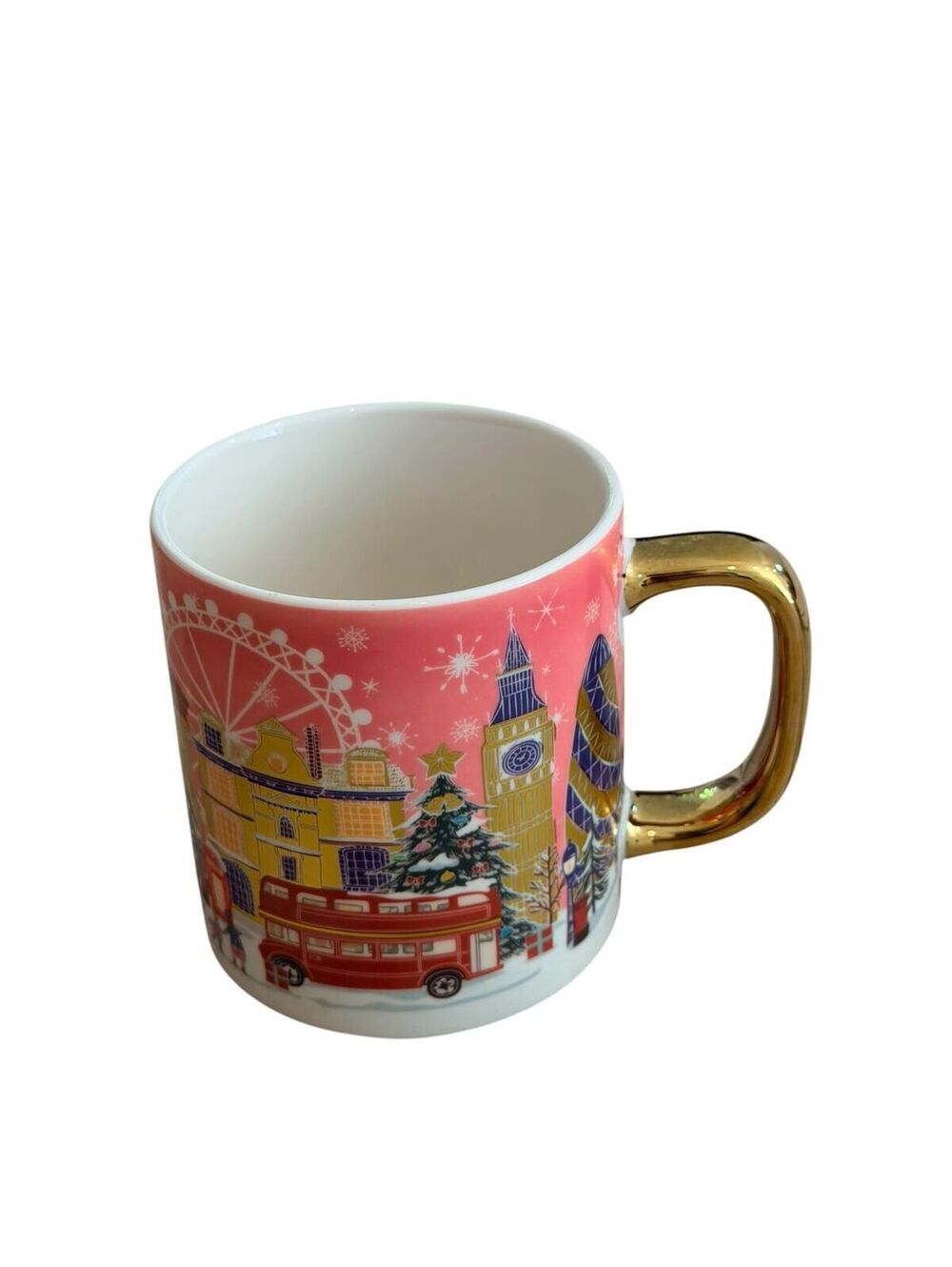 Anthropologie Holiday London Scene Pink Ceramic Mug with Gold Handle